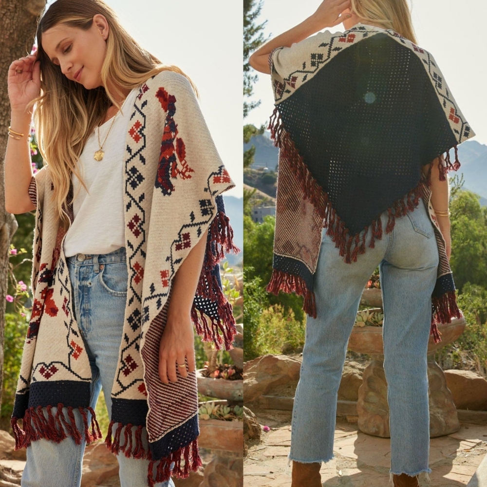 Lovestitch Sofia wool angora knit shawl one size crochet fringe bohemian classic